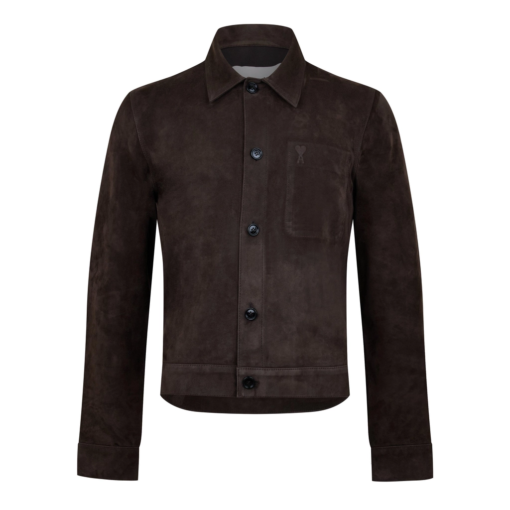 AMI Paris Leather Buttoned Overshirt - DARK COFFEE/221